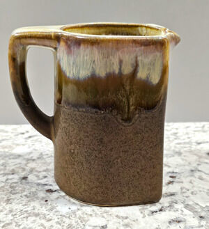 Vintage Brown Drip Glaze Ceramic Pitcher Flat Back Mid-Century Studio Pottery